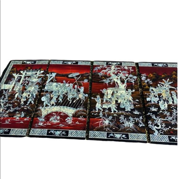 Vintage Oriental Other - Vintage Asian Lacquered Wood Panels Inlaid with Mother Of Pearl